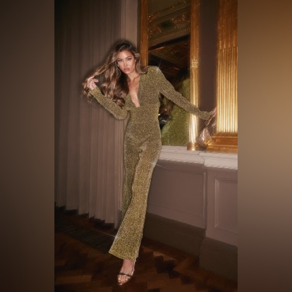 Gold Glitter Plisse Plunge Wide Leg Jumpsuit